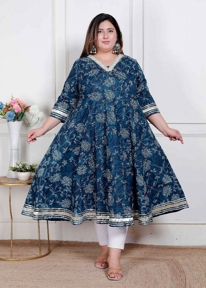 Miravan Plus Size Women'S Blue Cotton Embroidered Neck Anarkali Kurta | Grocsy