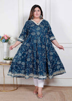 Miravan Plus Size Women'S Blue Cotton Embroidered Neck Anarkali Kurta | Grocsy