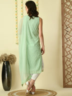 Myshka Women's Green Georgette Sleeveless Straight Party Kurta With Dupatta Set | Grocsy