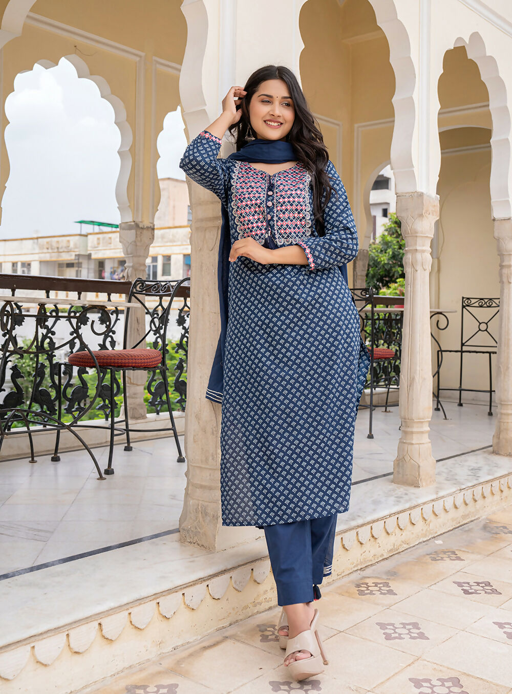 Kaajh Women's Blue Embroidered Cotton Suit Set | Grocsy