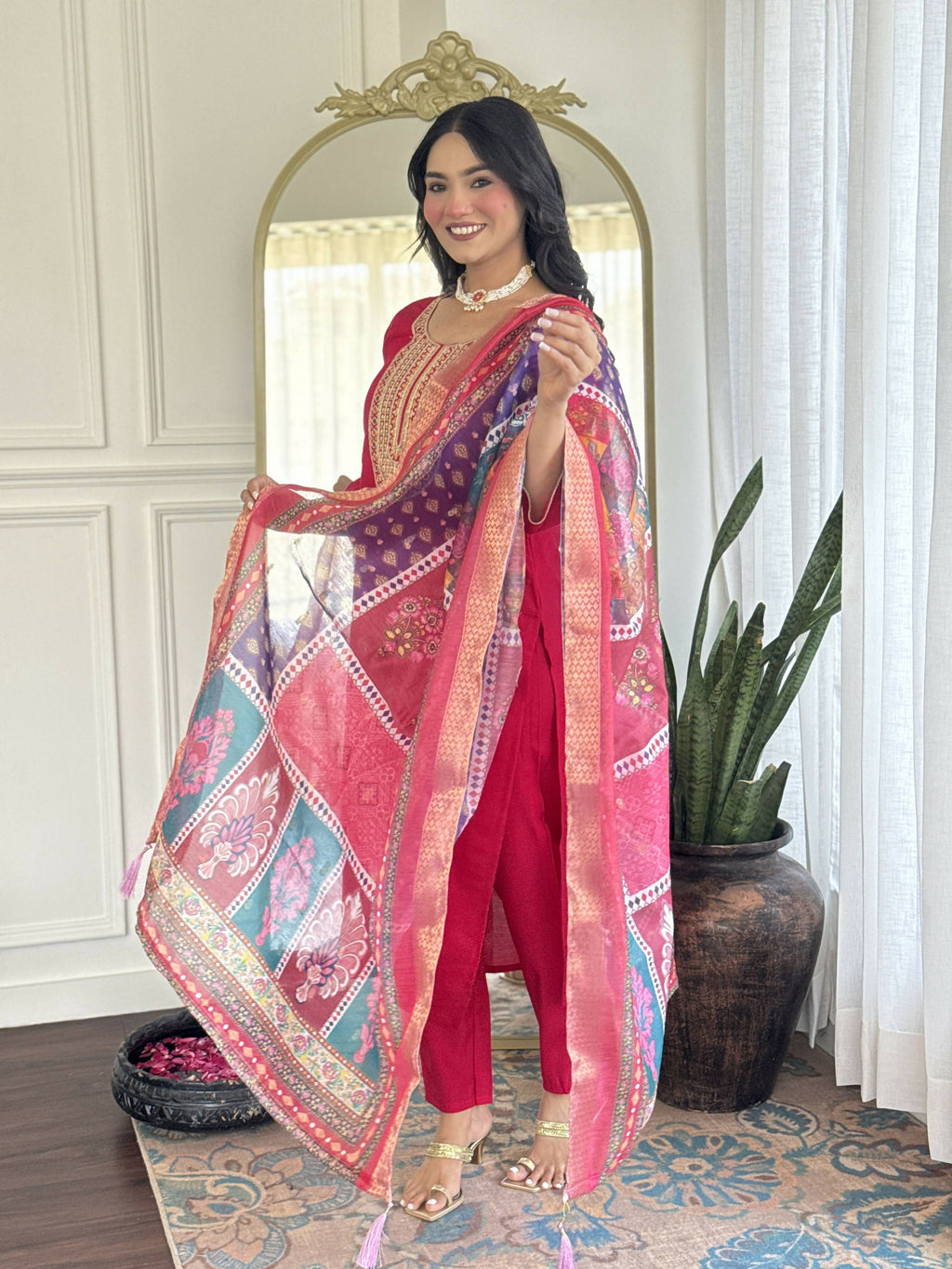 The52 Rani Gorgeous Embroidered Chanderi Silk Fabric Straight Kurta Pant with Dupatta Set | Grocsy