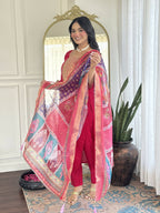 The52 Rani Gorgeous Embroidered Chanderi Silk Fabric Straight Kurta Pant with Dupatta Set | Grocsy