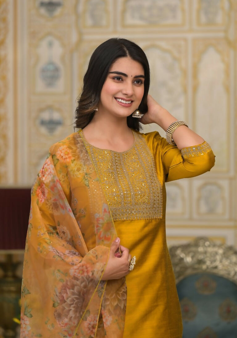 Partywear Designer Musted Yellow Poly Silk fabric Stitched Suit With Dupatta - Tanisha | Grocsy