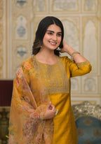 Partywear Designer Musted Yellow Poly Silk fabric Stitched Suit With Dupatta - Tanisha | Grocsy
