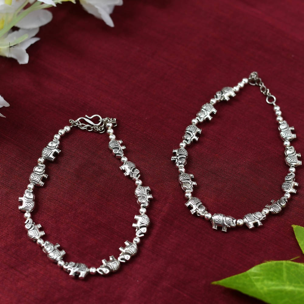 Mominos Fashion Kamal Johar Oxidised Elephant Design Silver Anklets | Grocsy
