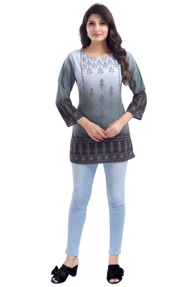 Snehal Creations Gray Color Faux Crepe Printed Short Kurti Tunic | Grocsy