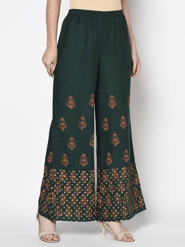 Aniyah Rayon Bottle Green Color Block Print Flared Slip-On Palazzo (AN-219K) | Grocsy
