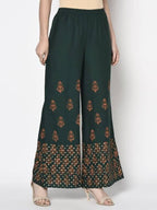Aniyah Rayon Bottle Green Color Block Print Flared Slip-On Palazzo (AN-219K) | Grocsy