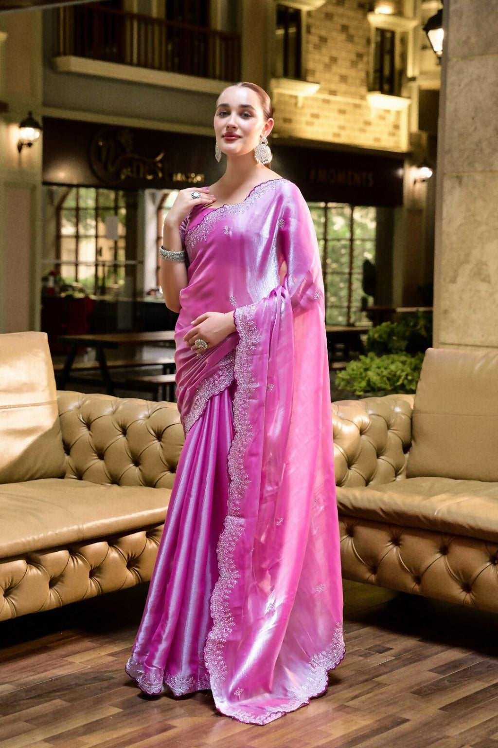 Vastranavya Baby Pink Embroidery Work Shimmer Chiffon Saree with Unstitched Blouse | Grocsy