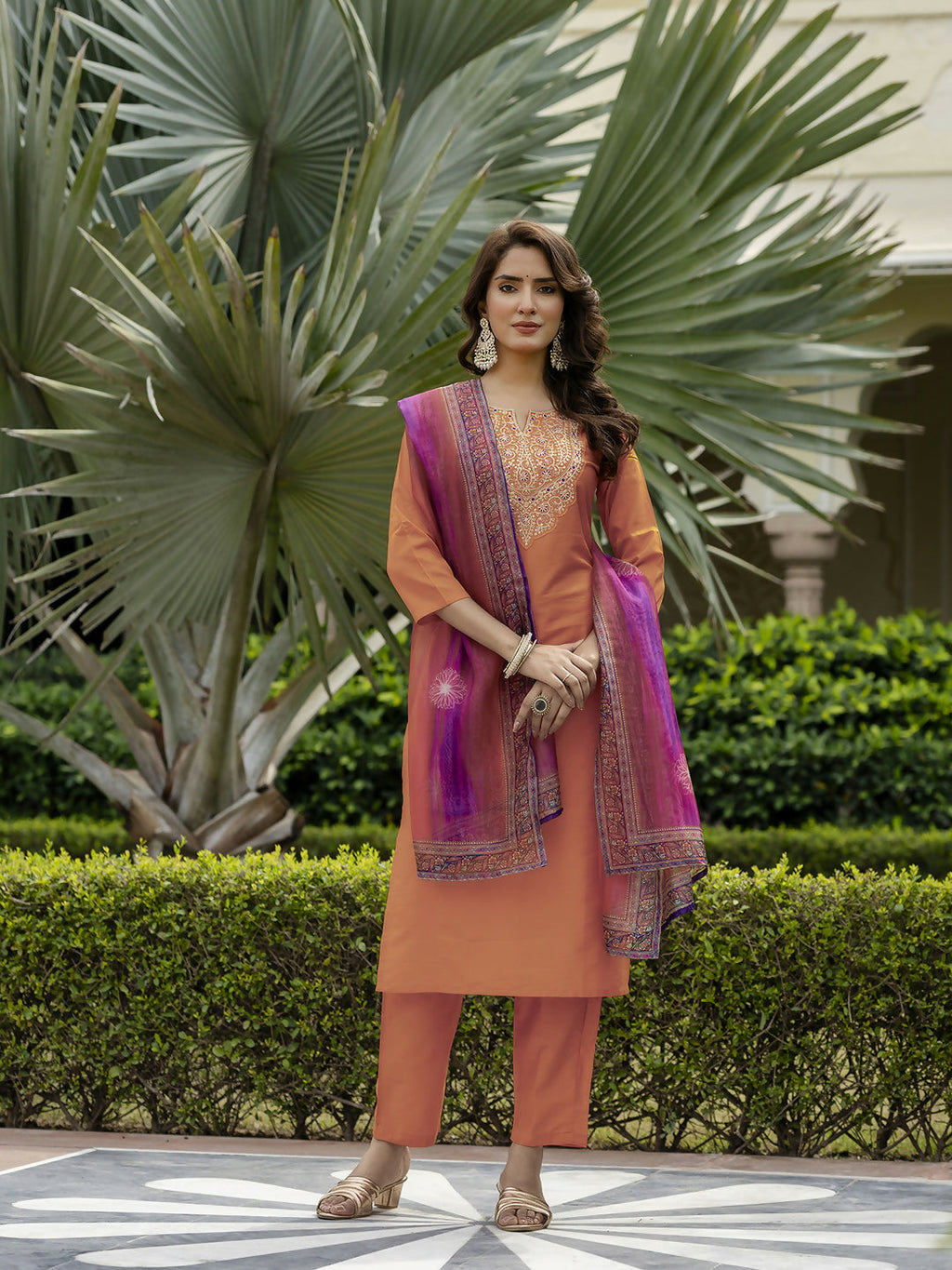The52 Orange Women's Gorgeous Embroidered Rayon Fabric with Straight Kurta, Pant and Dupatta Set | Grocsy