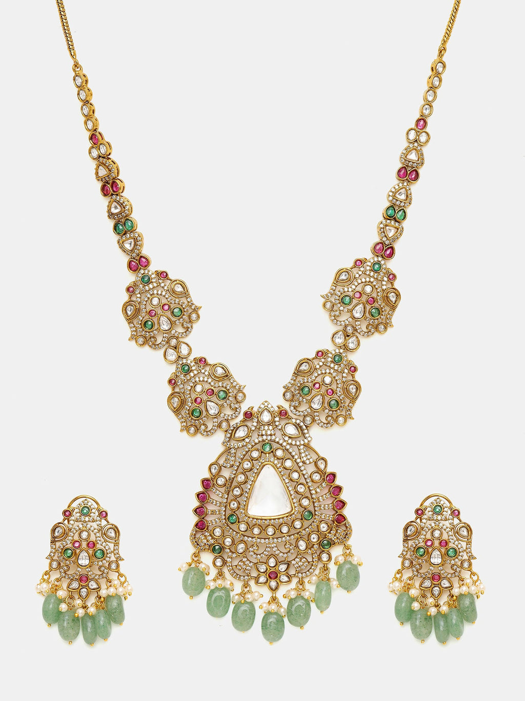 Ruby Raang 22k Gold Polished Long Kundan Heavy Maharani Necklace With Earrings | Grocsy