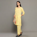 Breathables Women Cotton Printed Loungewear Kurta And Pants Co-Ord Set Yellow I Nightwear | Abstract Print | Grocsy