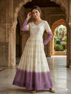 Teeya Creation Lavendar and White Gradient Anarkali Gown with Gold Floral Motifs | Grocsy