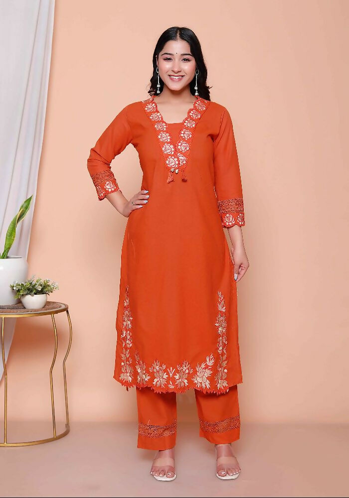 Miravan Womens Embroidered Cotton Kurta With Palazzo & Dupatta Set | Grocsy