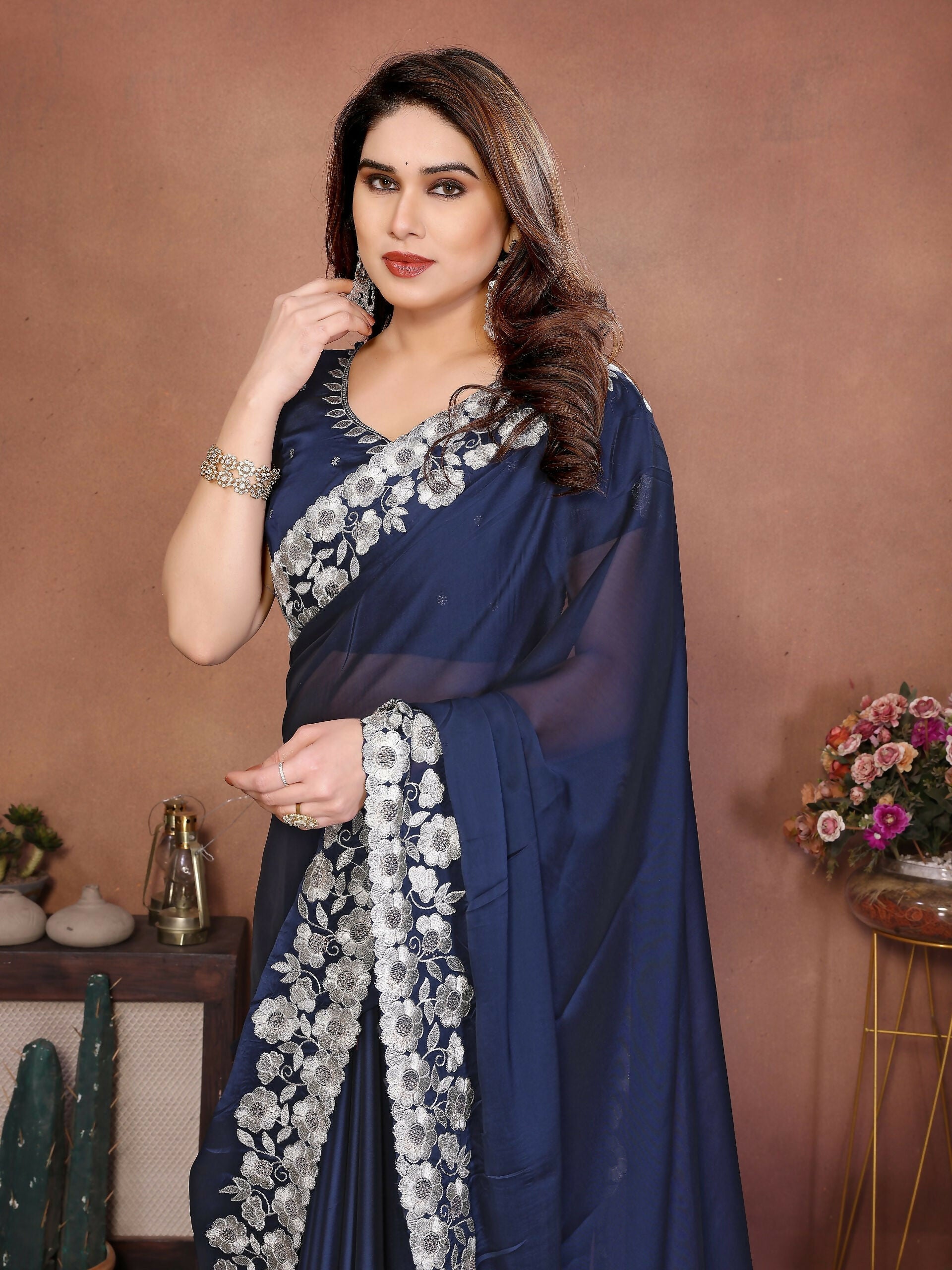 Teeya Creation New Trendy Stylish Party Wear Silk Saree-Dark_Navy_Blue | Grocsy