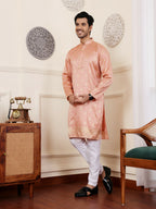Peach Viscose Woven Jacquard Work Men's Rajwadi Kurta Set - Mahotsav | Grocsy