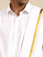 Ramraj Cotton Premium Wedding White Regular Dhoti, Shirt & Towel Set Arathi 1/2" | Grocsy