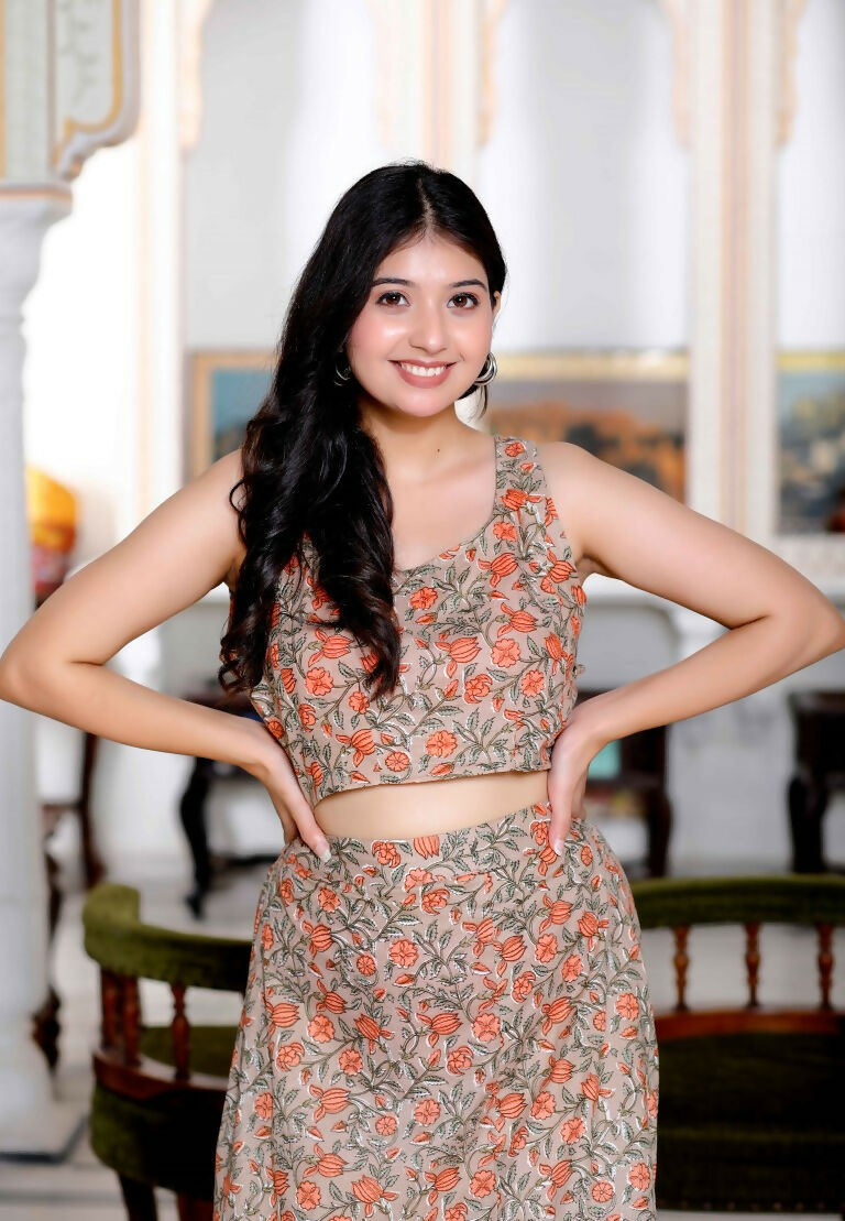 Miravan Women's Brown Floral Printed Crop Top And Skirt Co-Ord Set | Grocsy