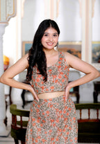 Miravan Women's Brown Floral Printed Crop Top And Skirt Co-Ord Set | Grocsy