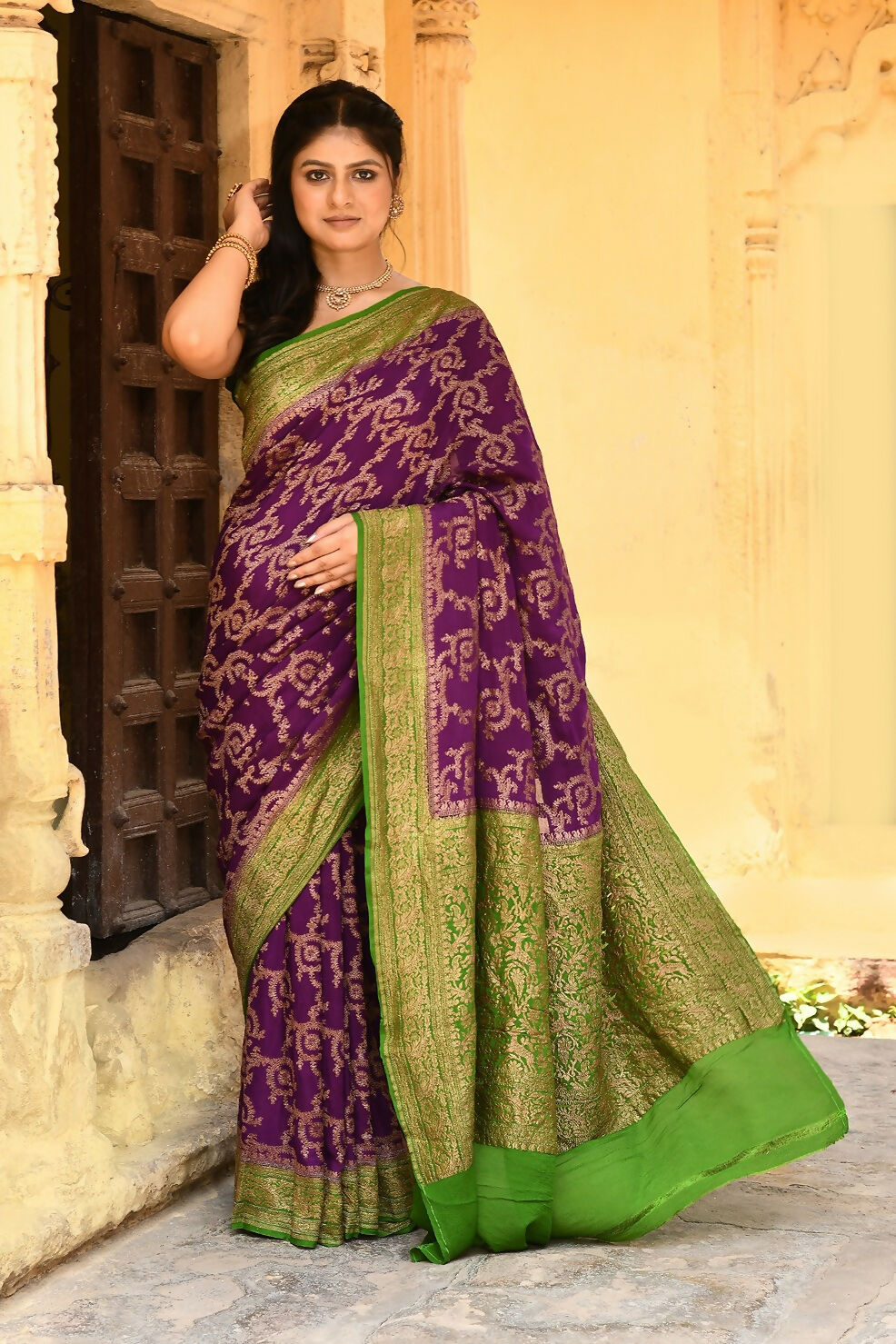 Joban Fashion Purple Crepe Chiffon Pure Handloom Banarasi Silk Saree | Grocsy