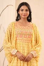Juniper Yellow Ethnic Motif Printed Georgette Midi Dress With Sequins Work | Grocsy