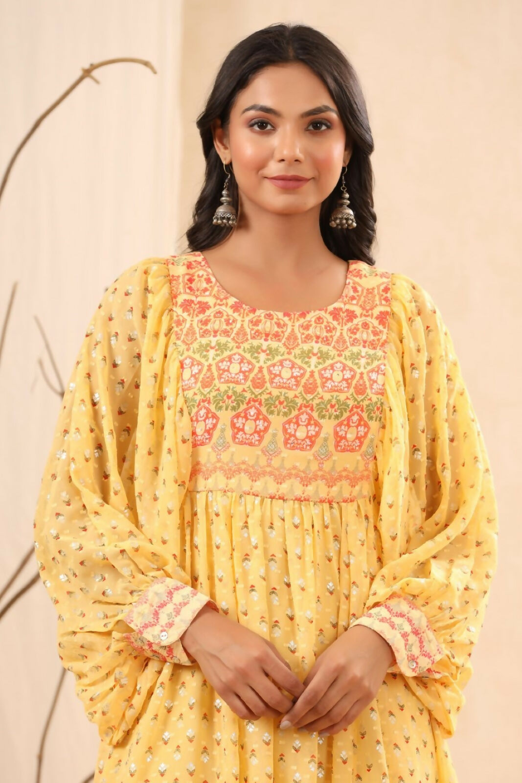 Juniper Yellow Ethnic Motif Printed Georgette Midi Dress With Sequins Work | Grocsy