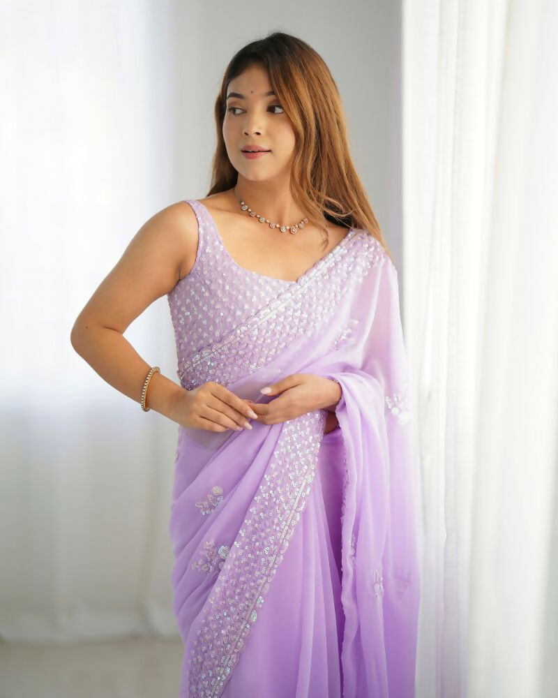 Attractive Looking Georgette Thread, Sequance Embroidery Work Party Wear Saree - Lavender | Grocsy