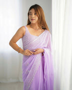 Attractive Looking Georgette Thread, Sequance Embroidery Work Party Wear Saree - Lavender | Grocsy