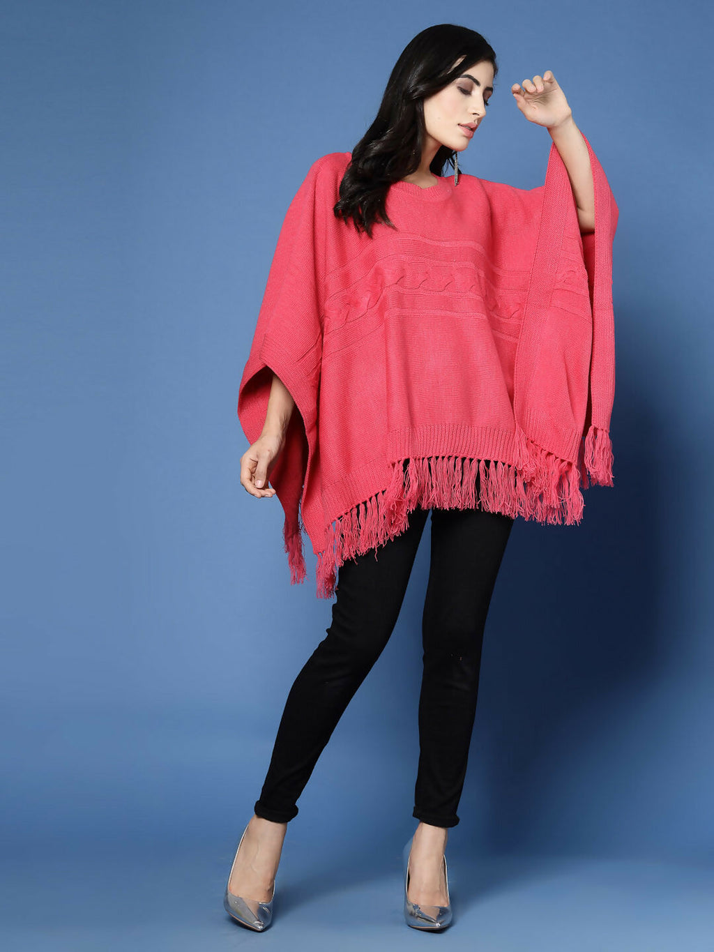 Women Fuchsia Acrylic Self Design Poncho - Wool Trees | Grocsy