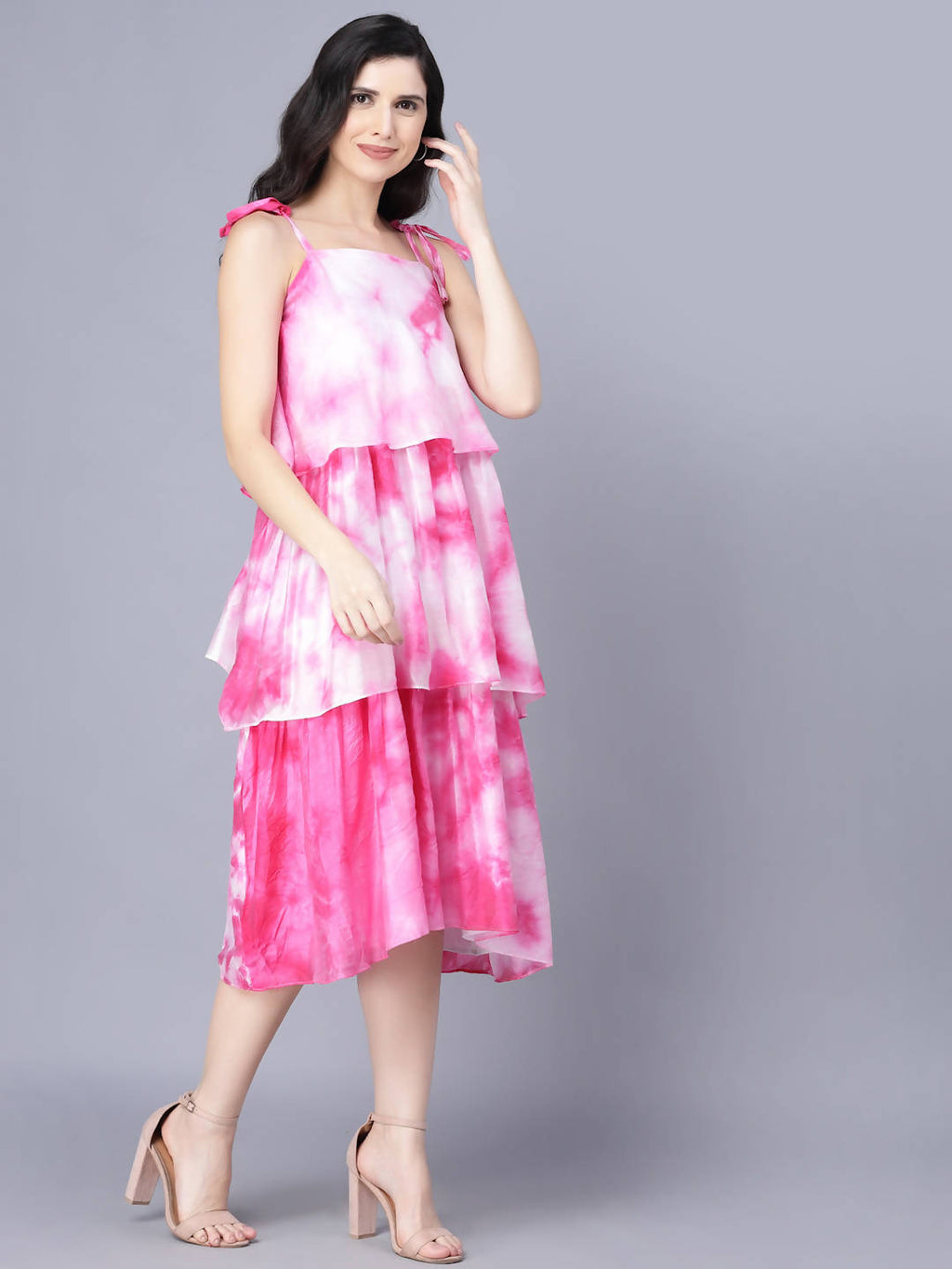 Myshka Women White Tie and Dye Dyed Layered A-Line Midi Dress | Grocsy