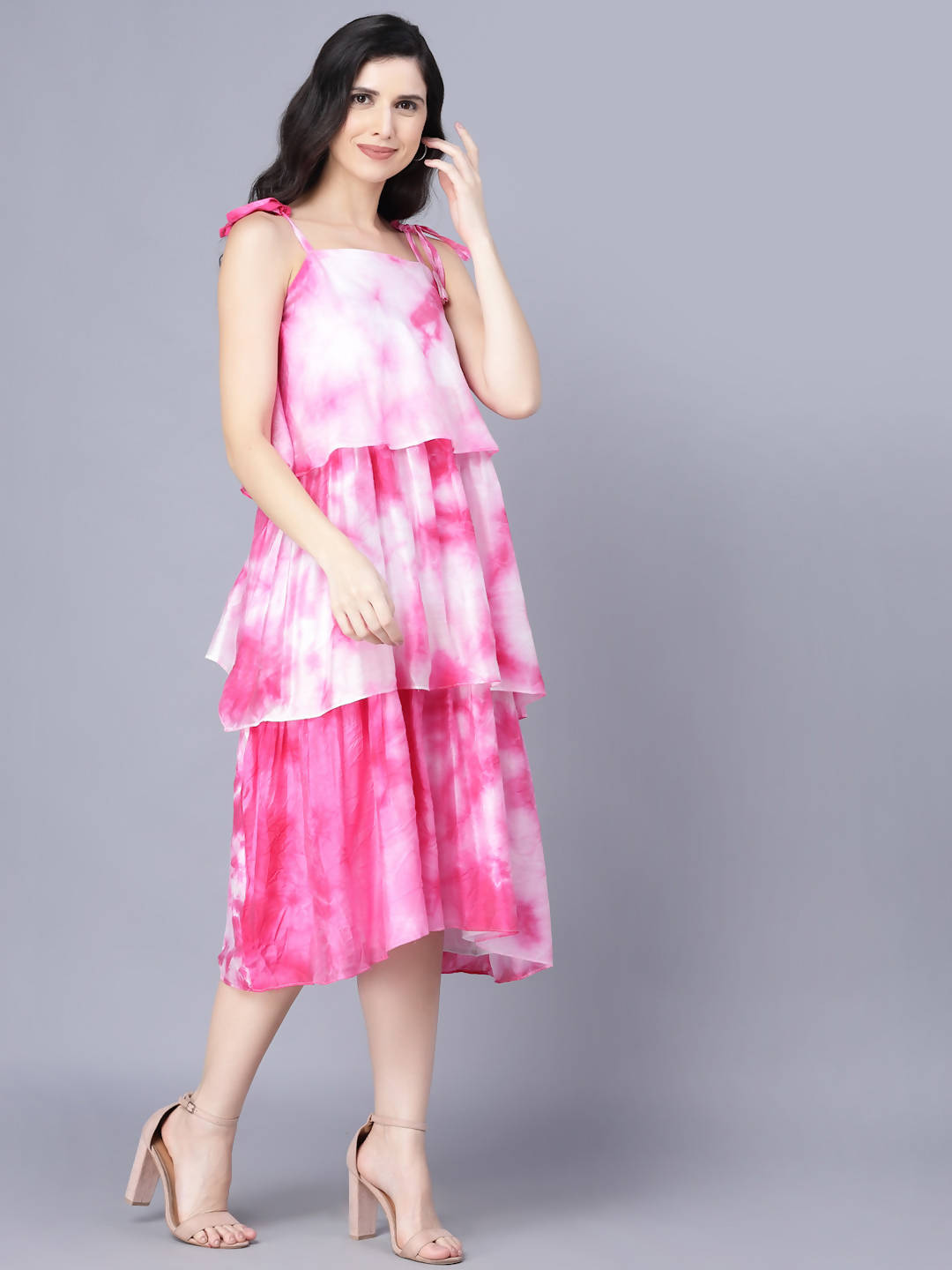 Myshka Women White Tie and Dye Dyed Layered A-Line Midi Dress | Grocsy