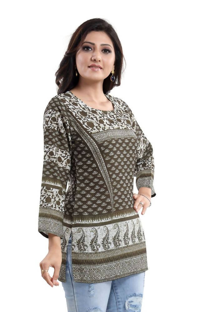 Snehal Creations Admirable Mehendi Green Summer Cool Printed Tunic | Grocsy