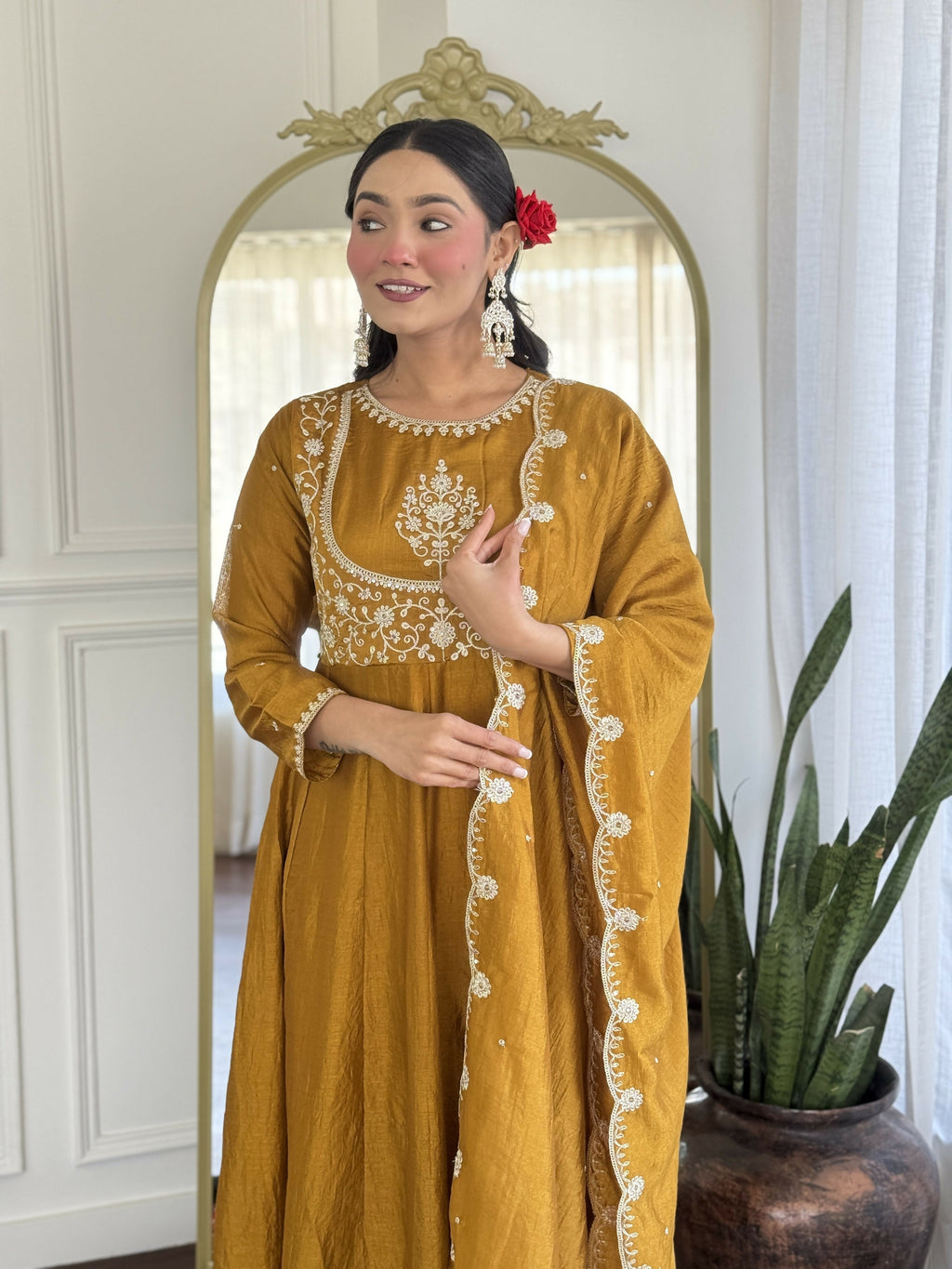 The52 Mustard Women's Gorgeous Embroidered Vichitra Silk Fabric Flared Kurta Pant with Dupatta Set | Grocsy