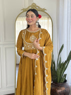 The52 Mustard Women's Gorgeous Embroidered Vichitra Silk Fabric Flared Kurta Pant with Dupatta Set | Grocsy