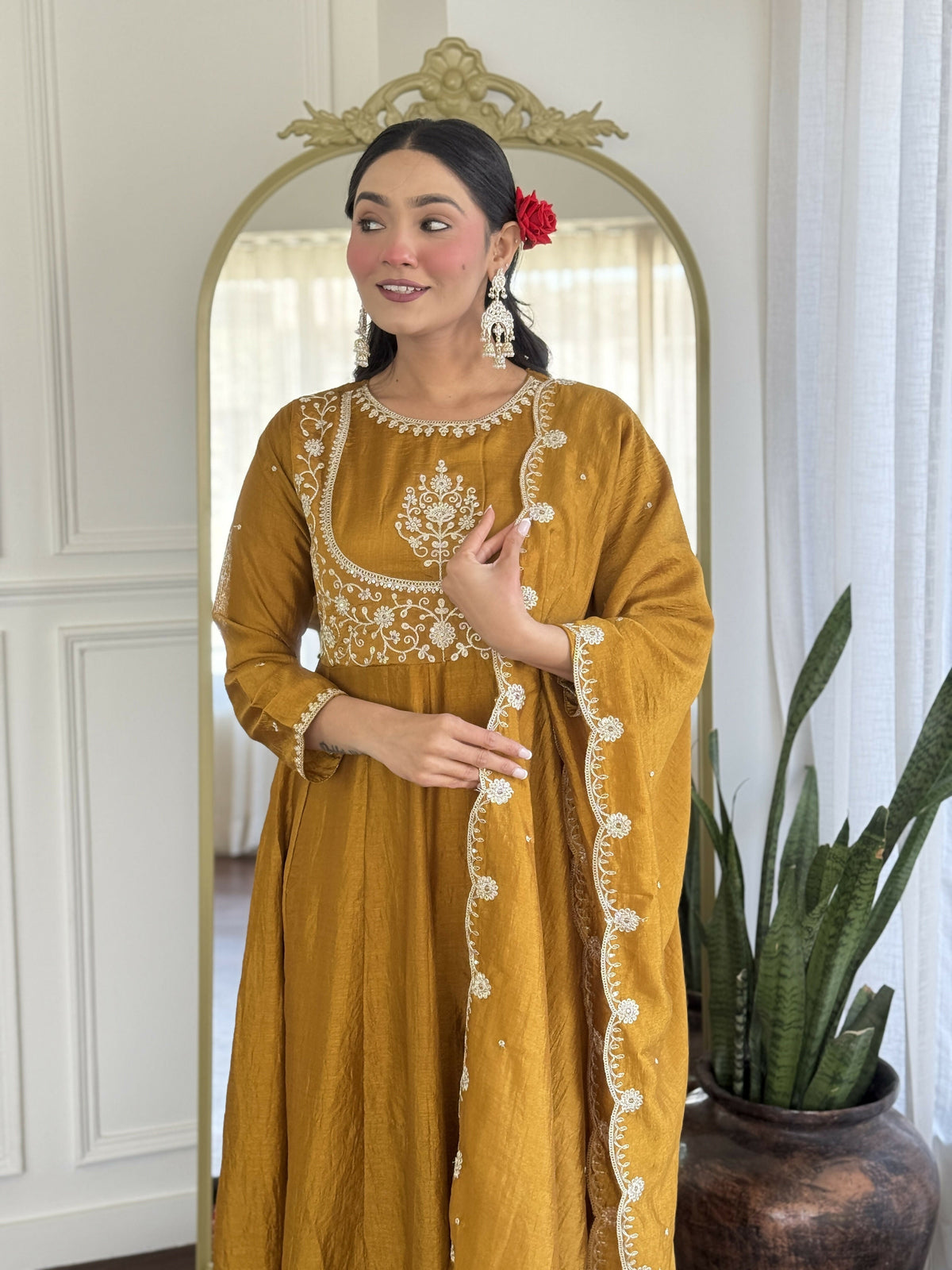 The52 Mustard Women's Gorgeous Embroidered Vichitra Silk Fabric Flared Kurta Pant with Dupatta Set | Grocsy