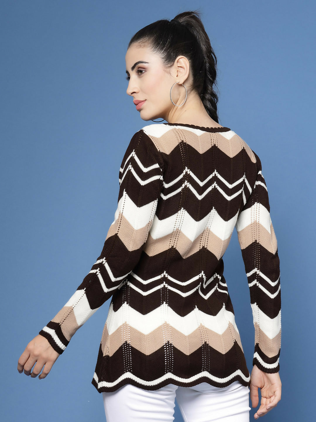 Women Self Design Brown Acrylic Winter Sweater - Wool Trees | Grocsy