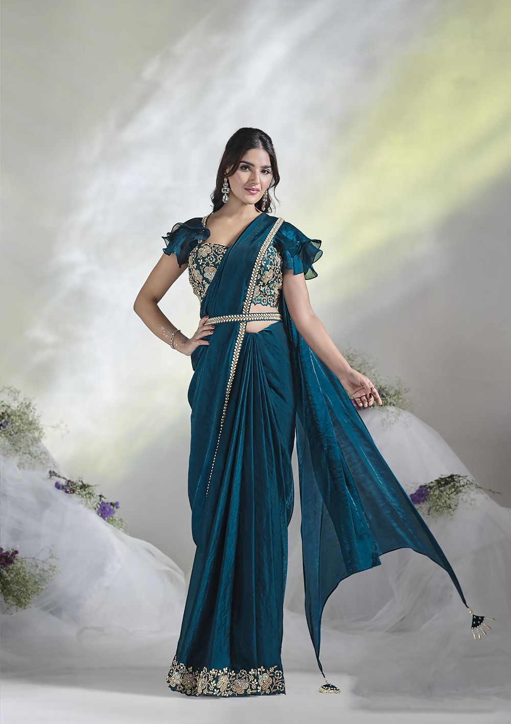Teal Blue Two Tone Satin Silk Designer Ready to wear saree with stithced Blouse - Mohmanthan Aura | Grocsy