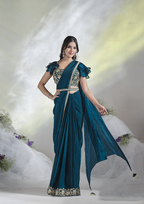 Teal Blue Two Tone Satin Silk Designer Ready to wear saree with stithced Blouse - Mohmanthan Aura | Grocsy