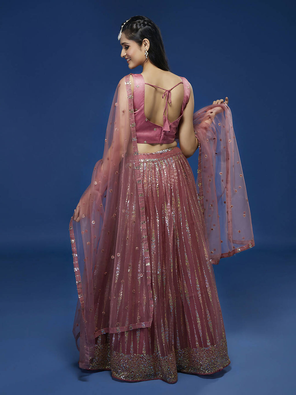 House of Panchhi Rose Gold Net Sequinse Work Lehenga & Blouse, Dupatta | Grocsy