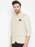 Even Apparels Beige Linen Men Woven Nehru Jacket | Grocsy
