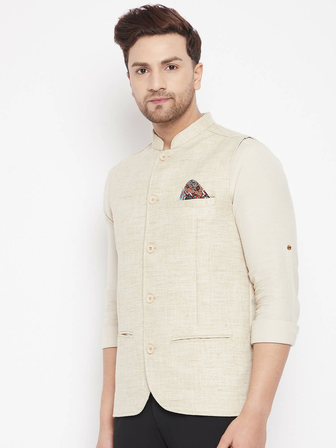 Even Apparels Beige Linen Men Woven Nehru Jacket | Grocsy