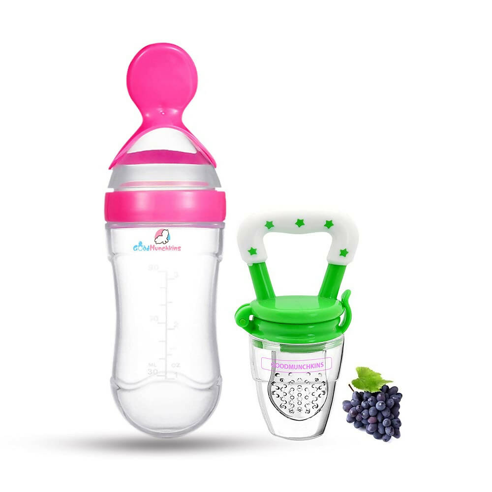 Goodmunchkins Silicone Spoon Food Feeder & Fruit Feeder for Toddlers Food Grade Silicone Bottle 90ml-Pink | Grocsy