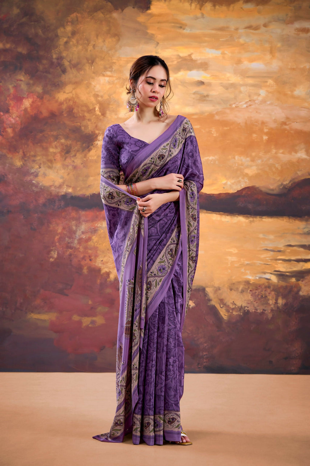 Vastranavya Purple Crepe Printed Saree with Unstitched Blouse | Grocsy