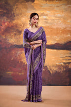 Vastranavya Purple Crepe Printed Saree with Unstitched Blouse | Grocsy