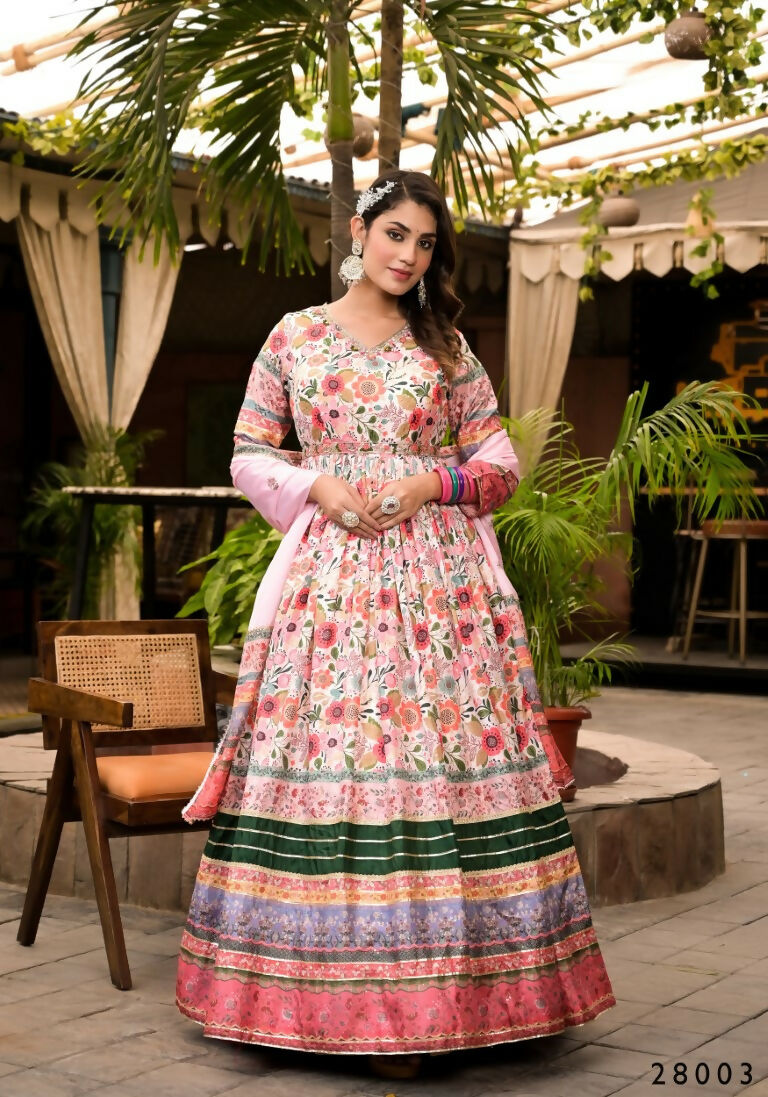 Wedding Designer Multi Soft Dola Silk Anarkali suit with Dupatta - Sanj | Grocsy