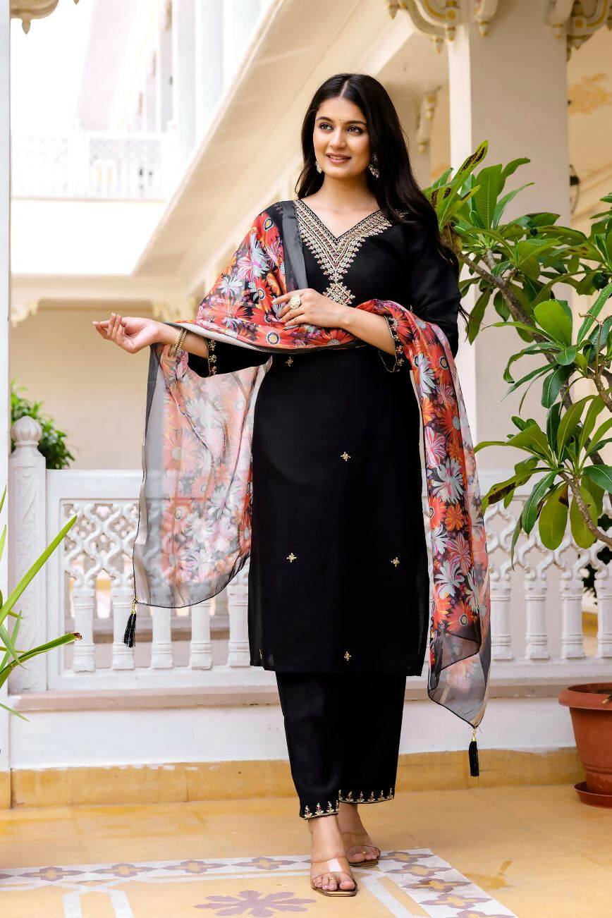 The52 Black Women's Beautiful Viscose Chanderi Fabric Embroidered Work Straight Kurta Pant and Dupatta Set | Grocsy