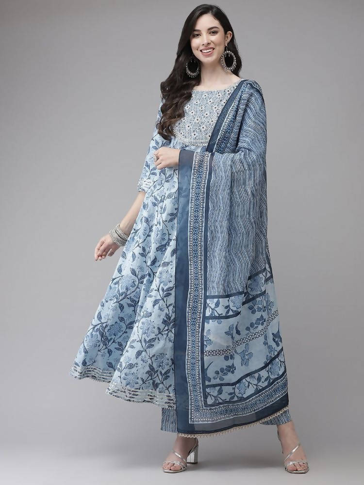 Yufta Women Blue Floral Printed Regular Pure Cotton Kurta with Trouser With Dupatta | Grocsy