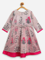 Ahalyaa Grey Chanderi Silk Pigment Print Kids Front Slit Kurta For Girls | Grocsy