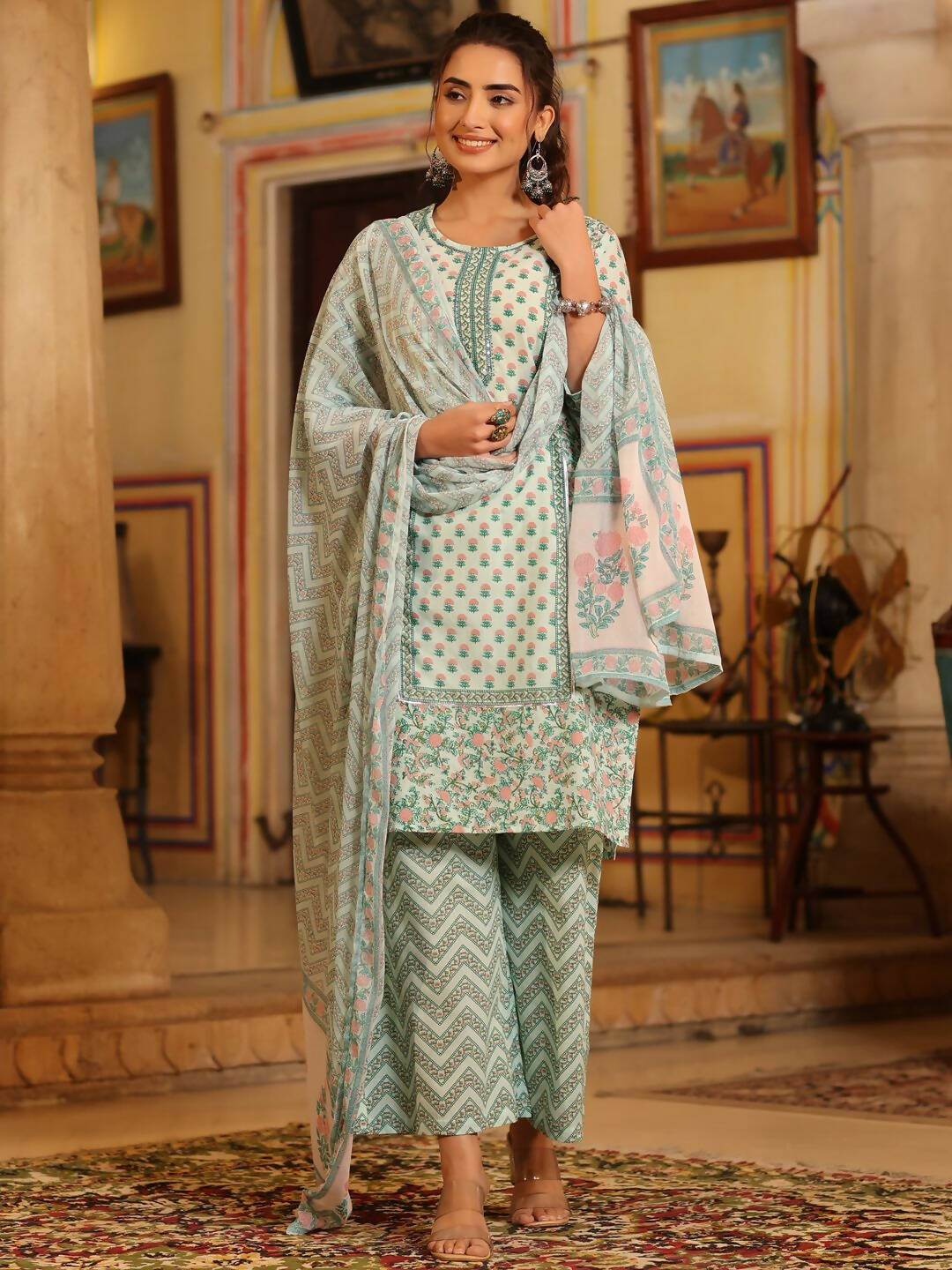 Juniper Women's Seagreen Cambric Floral Printed Kurta Palazzo Set | Grocsy
