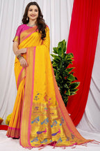 Jyoti Fashion Women's Yellow Paithani Silk Zari Woven Saree with Blouse | Grocsy